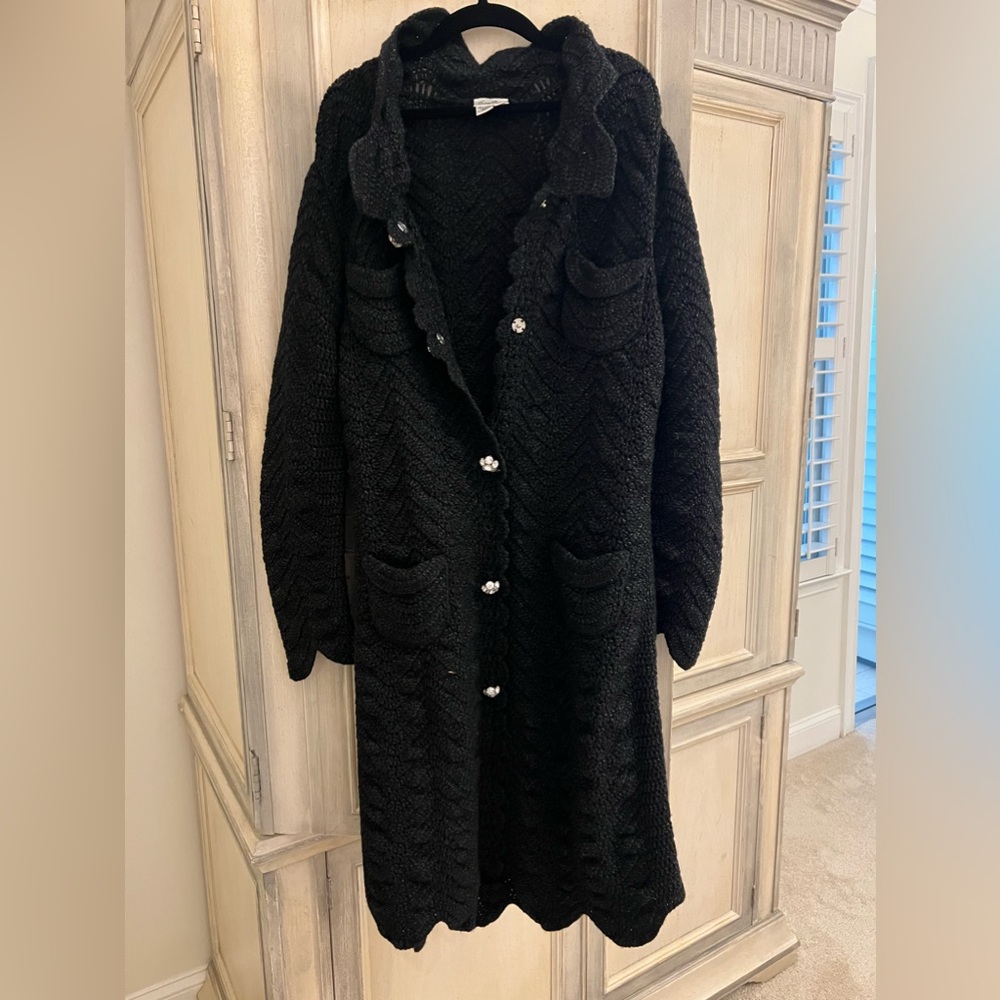 Tracy Reese Black Knitted Wool Coat with Swarovski Crystal Buttons